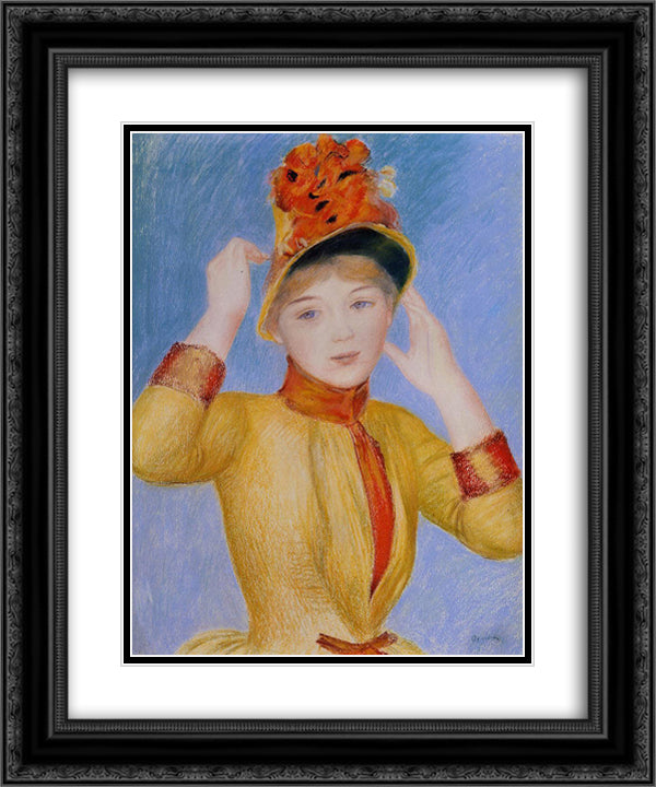 Bust of a Woman (Yellow Dress) 20x24 Black Ornate Wood Framed Art Print Poster with Double Matting by Renoir, Pierre Auguste