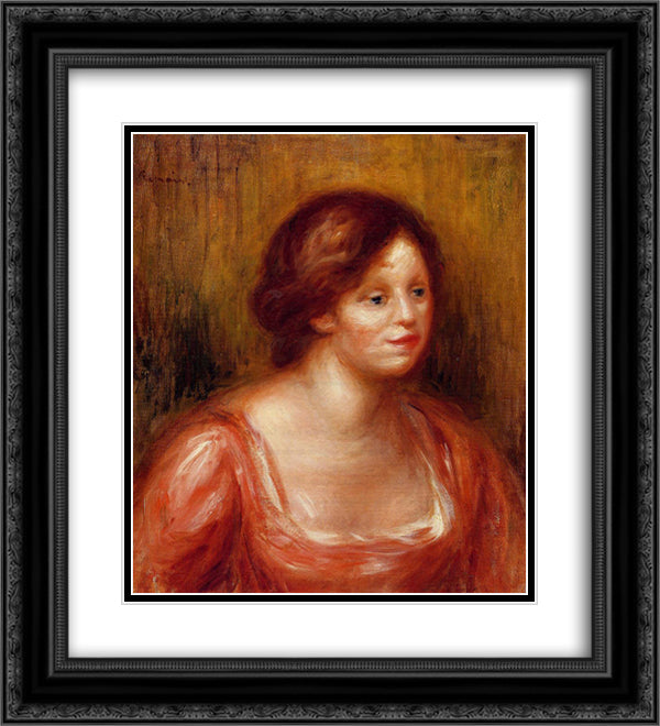 Bust of a Woman in a Red Blouse 20x22 Black Ornate Wood Framed Art Print Poster with Double Matting by Renoir, Pierre Auguste