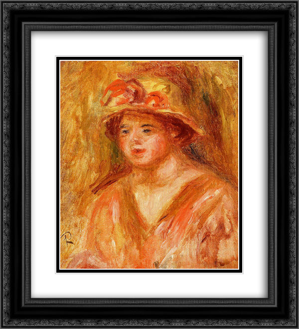 Bust of a Young Girl in a Straw Hat 20x22 Black Ornate Wood Framed Art Print Poster with Double Matting by Renoir, Pierre Auguste