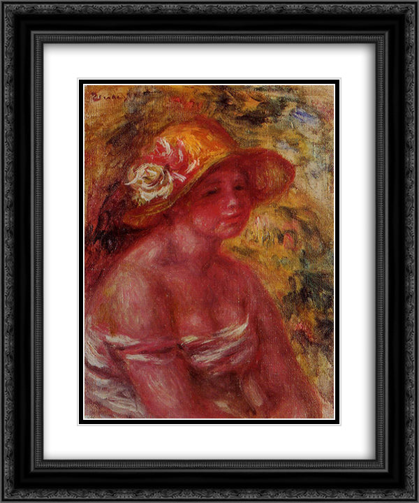 Bust of a Young Girl Wearing a Straw Hat 20x24 Black Ornate Wood Framed Art Print Poster with Double Matting by Renoir, Pierre Auguste