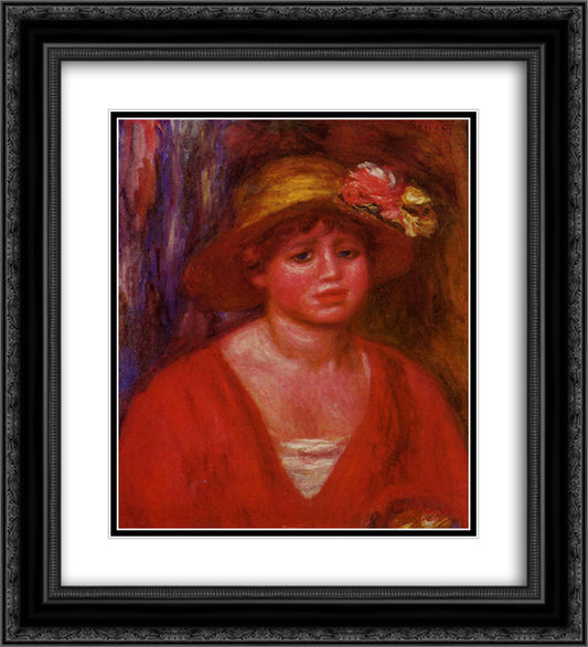 Bust of a Young Woman in a Red Blouse 20x22 Black Ornate Wood Framed Art Print Poster with Double Matting by Renoir, Pierre Auguste