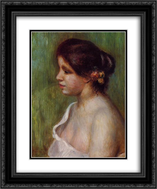 Bust of a Young Woman with Flowered Ear 20x24 Black Ornate Wood Framed Art Print Poster with Double Matting by Renoir, Pierre Auguste