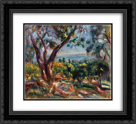 Cagnes Landscape with Woman and Child 22x20 Black Ornate Wood Framed Art Print Poster with Double Matting by Renoir, Pierre Auguste