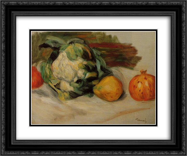 Cauliflower and Pomegranates 24x20 Black Ornate Wood Framed Art Print Poster with Double Matting by Renoir, Pierre Auguste