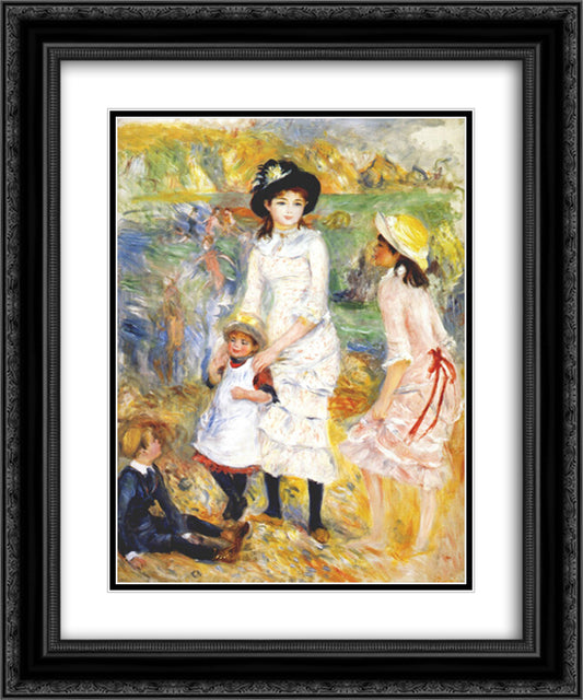 Children on the seashore 20x24 Black Ornate Wood Framed Art Print Poster with Double Matting by Renoir, Pierre Auguste