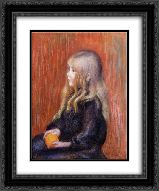 Coco Holding a Orange 20x24 Black Ornate Wood Framed Art Print Poster with Double Matting by Renoir, Pierre Auguste