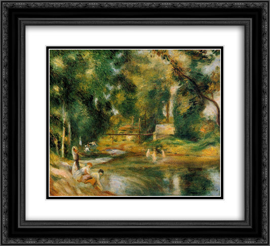 Essoyes Landscape Washerwoman and Bathers 22x20 Black Ornate Wood Framed Art Print Poster with Double Matting by Renoir, Pierre Auguste