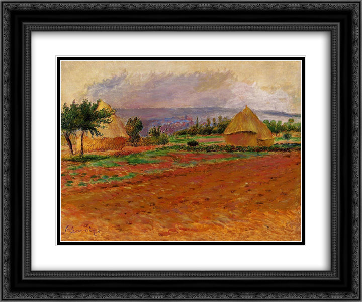 Field and Haystacks 24x20 Black Ornate Wood Framed Art Print Poster with Double Matting by Renoir, Pierre Auguste