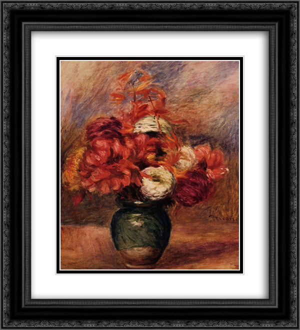 Flowers in a Green Vase Dahlilas and Asters 20x22 Black Ornate Wood Framed Art Print Poster with Double Matting by Renoir, Pierre Auguste