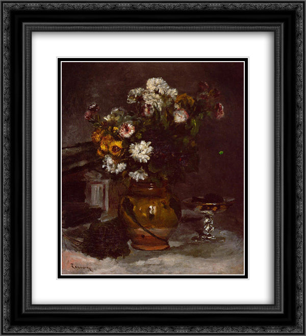 Flowers in a Vase and a Glass of Champagne 20x22 Black Ornate Wood Framed Art Print Poster with Double Matting by Renoir, Pierre Auguste