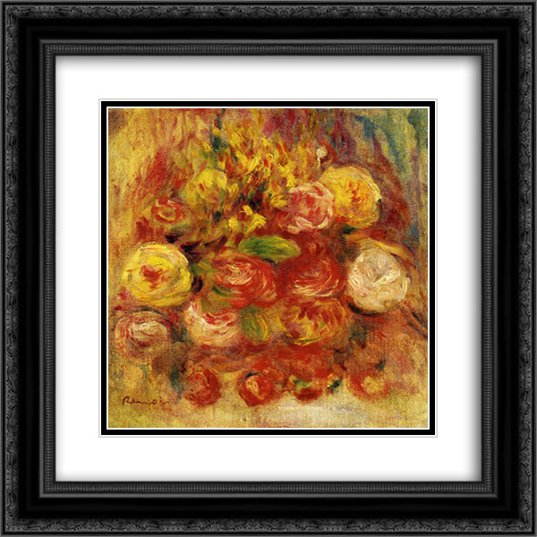 Flowers in a Vase with Blue Decoration 20x20 Black Ornate Wood Framed Art Print Poster with Double Matting by Renoir, Pierre Auguste