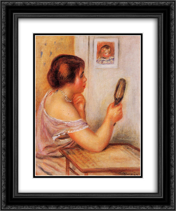 Gabrielle Holding a Mirror with a Portrait of Coco 20x24 Black Ornate Wood Framed Art Print Poster with Double Matting by Renoir, Pierre Auguste