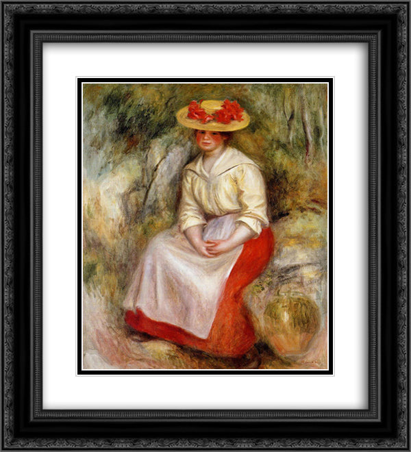 Gabrielle in a Straw Hat 20x22 Black Ornate Wood Framed Art Print Poster with Double Matting by Renoir, Pierre Auguste