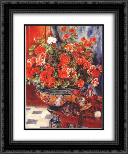 Geraniums and Cats 20x24 Black Ornate Wood Framed Art Print Poster with Double Matting by Renoir, Pierre Auguste