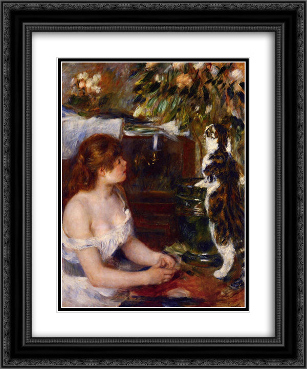 Girl and Cat 20x24 Black Ornate Wood Framed Art Print Poster with Double Matting by Renoir, Pierre Auguste