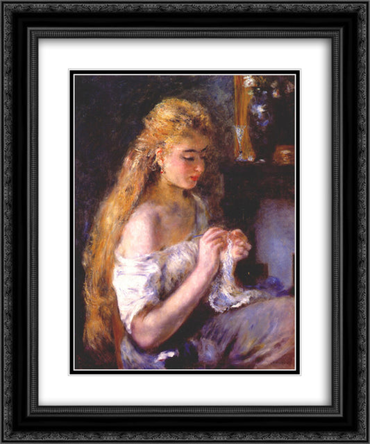 Girl crocheting 20x24 Black Ornate Wood Framed Art Print Poster with Double Matting by Renoir, Pierre Auguste