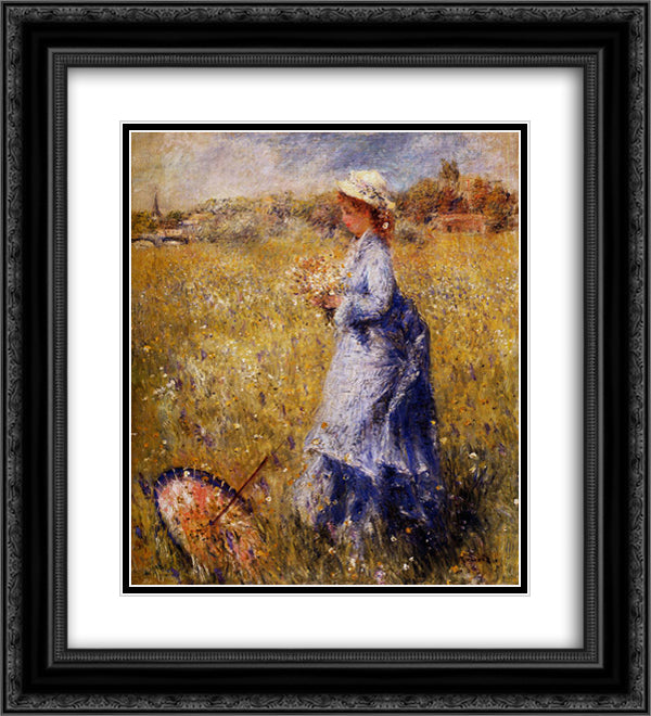 Girl Gathering Flowers 20x22 Black Ornate Wood Framed Art Print Poster with Double Matting by Renoir, Pierre Auguste