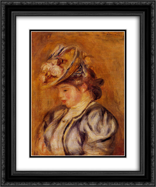 Girl in a Flowery Hat 20x24 Black Ornate Wood Framed Art Print Poster with Double Matting by Renoir, Pierre Auguste