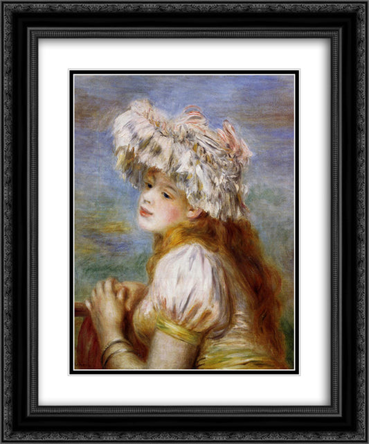 Girl in a Lace Hat 20x24 Black Ornate Wood Framed Art Print Poster with Double Matting by Renoir, Pierre Auguste