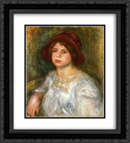 Girl in a Red Hat 20x22 Black Ornate Wood Framed Art Print Poster with Double Matting by Renoir, Pierre Auguste