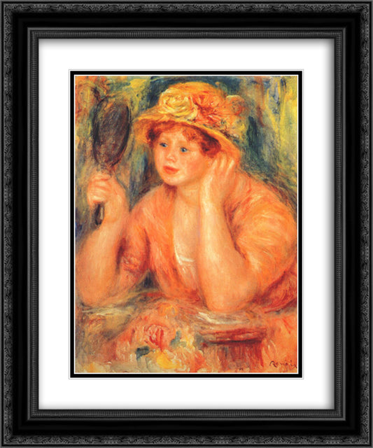 Girl looking into a mirror 20x24 Black Ornate Wood Framed Art Print Poster with Double Matting by Renoir, Pierre Auguste