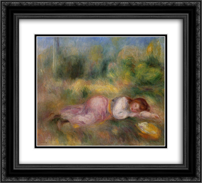 Girl Streched out on the Grass 22x20 Black Ornate Wood Framed Art Print Poster with Double Matting by Renoir, Pierre Auguste