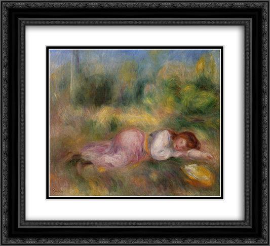 Girl Streched out on the Grass 22x20 Black Ornate Wood Framed Art Print Poster with Double Matting by Renoir, Pierre Auguste