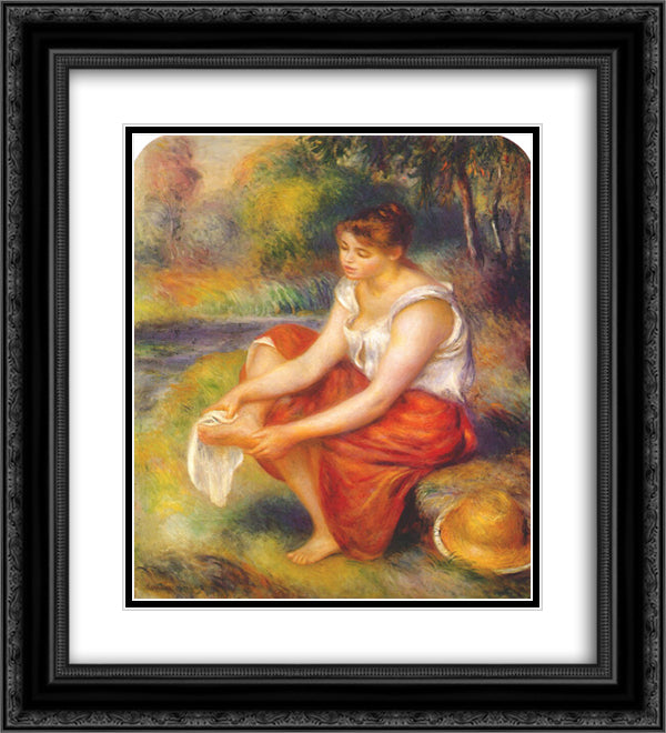 Girl wiping her feet 20x22 Black Ornate Wood Framed Art Print Poster with Double Matting by Renoir, Pierre Auguste