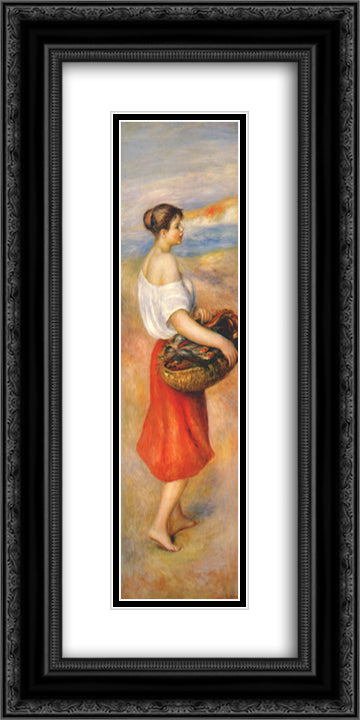 Girl with a basket of fish 12x24 Black Ornate Wood Framed Art Print Poster with Double Matting by Renoir, Pierre Auguste