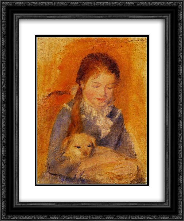 Girl with a Dog 20x24 Black Ornate Wood Framed Art Print Poster with Double Matting by Renoir, Pierre Auguste