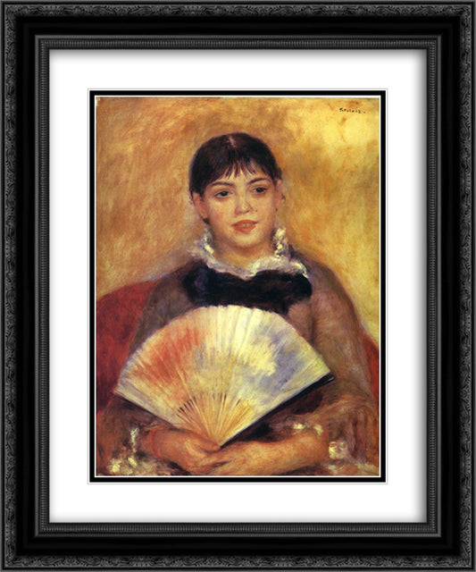 Girl with a Fan ( Alphonsine Fournaise) 20x24 Black Ornate Wood Framed Art Print Poster with Double Matting by Renoir, Pierre Auguste