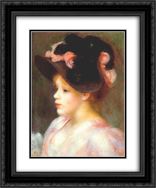 Girl with a pink and black hat 20x24 Black Ornate Wood Framed Art Print Poster with Double Matting by Renoir, Pierre Auguste