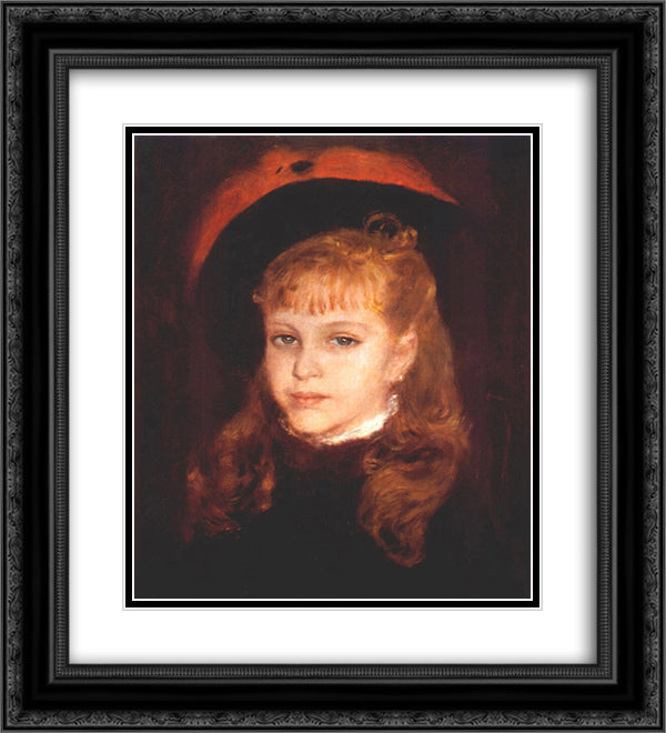 Girl with a pink feather 20x22 Black Ornate Wood Framed Art Print Poster with Double Matting by Renoir, Pierre Auguste