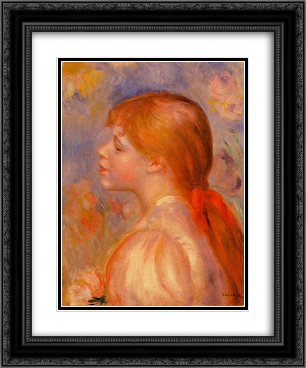 Girl with a Red Hair Ribbon 20x24 Black Ornate Wood Framed Art Print Poster with Double Matting by Renoir, Pierre Auguste