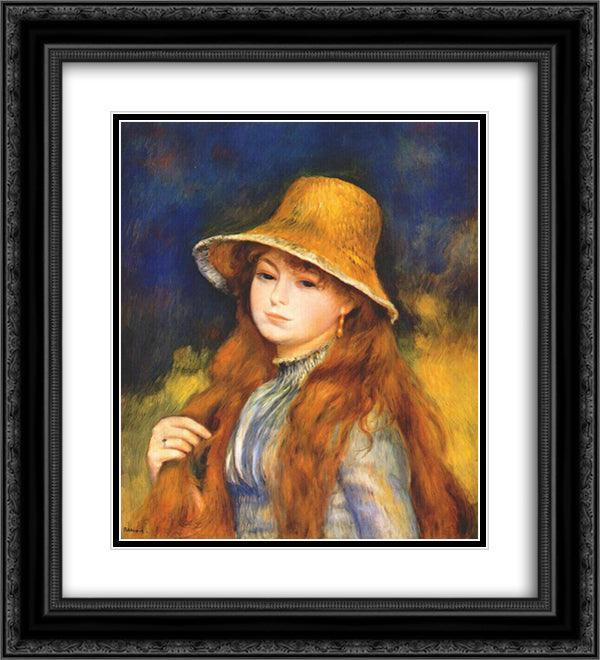 Girl with a straw hat 20x22 Black Ornate Wood Framed Art Print Poster with Double Matting by Renoir, Pierre Auguste