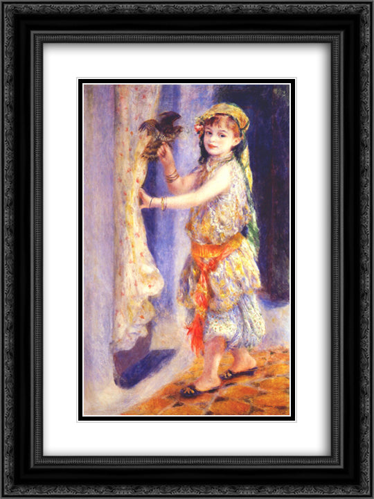 Girl with Falcon 18x24 Black Ornate Wood Framed Art Print Poster with Double Matting by Renoir, Pierre Auguste