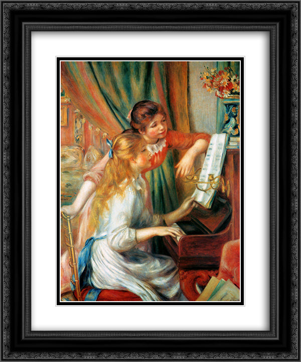 Girls at the Piano 20x24 Black Ornate Wood Framed Art Print Poster with Double Matting by Renoir, Pierre Auguste