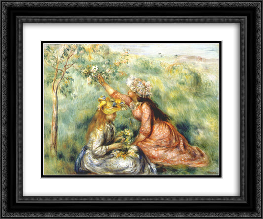 Girls picking flowers in a meadow 24x20 Black Ornate Wood Framed Art Print Poster with Double Matting by Renoir, Pierre Auguste