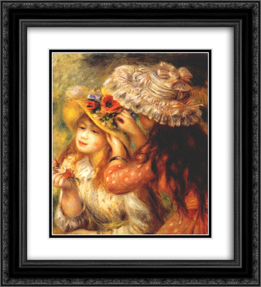 Girls putting flowers on their hats 20x22 Black Ornate Wood Framed Art Print Poster with Double Matting by Renoir, Pierre Auguste