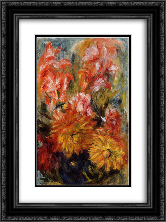 Gladiolas in a Blue Vase 18x24 Black Ornate Wood Framed Art Print Poster with Double Matting by Renoir, Pierre Auguste