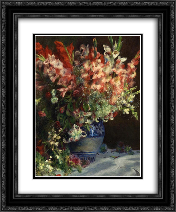 Gladiolas in a Vase 20x24 Black Ornate Wood Framed Art Print Poster with Double Matting by Renoir, Pierre Auguste