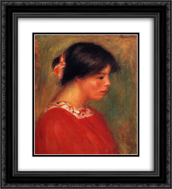 Head of a Woman in Red 20x22 Black Ornate Wood Framed Art Print Poster with Double Matting by Renoir, Pierre Auguste