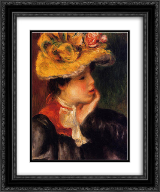 Head of a Young Woman (Yellow Hat) 20x24 Black Ornate Wood Framed Art Print Poster with Double Matting by Renoir, Pierre Auguste