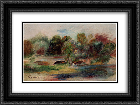 Landscape with Bridge 24x18 Black Ornate Wood Framed Art Print Poster with Double Matting by Renoir, Pierre Auguste