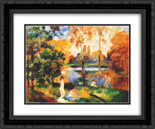 Landscape with female bathers 24x20 Black Ornate Wood Framed Art Print Poster with Double Matting by Renoir, Pierre Auguste
