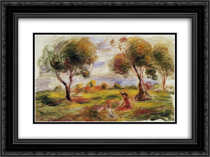 Landscape with Figures at Cagnes 24x18 Black Ornate Wood Framed Art Print Poster with Double Matting by Renoir, Pierre Auguste