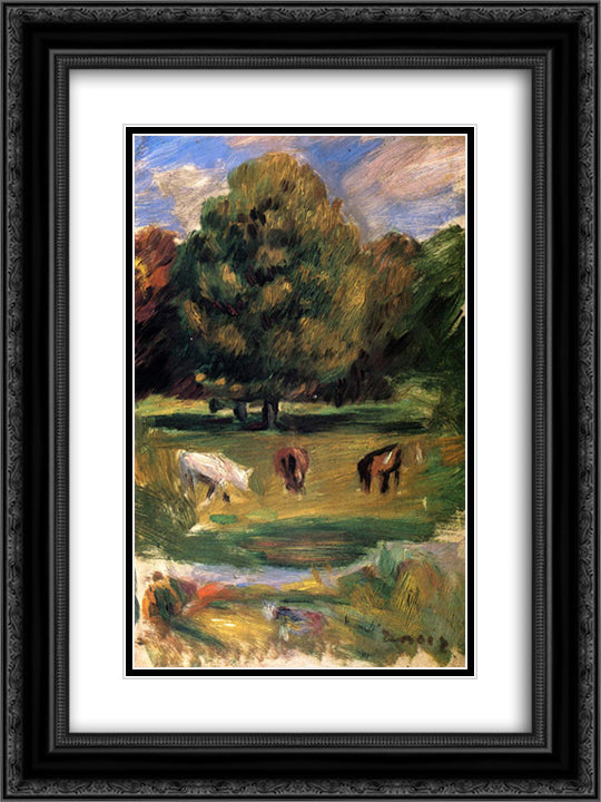 Landscape with Horses 18x24 Black Ornate Wood Framed Art Print Poster with Double Matting by Renoir, Pierre Auguste