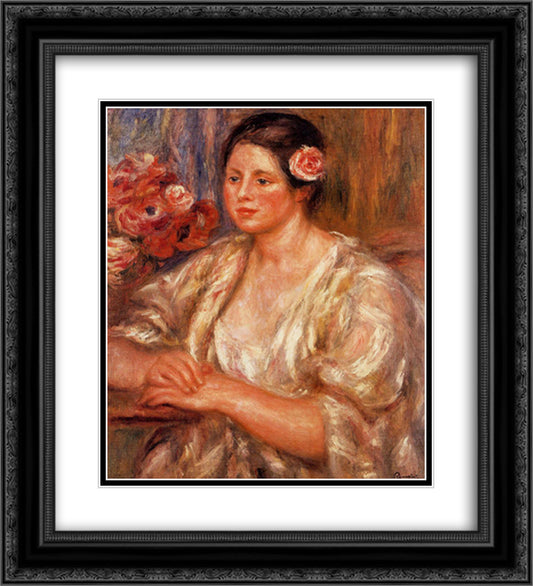 Madelaine in a White Blouse and a Bouquet of Flowers 20x22 Black Ornate Wood Framed Art Print Poster with Double Matting by Renoir, Pierre Auguste