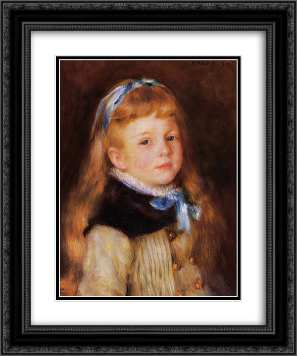 Mademoiselle Grimprel in a Blue Ribbon 20x24 Black Ornate Wood Framed Art Print Poster with Double Matting by Renoir, Pierre Auguste