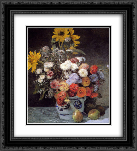 Mixed Flowers In An Earthware Pot 20x22 Black Ornate Wood Framed Art Print Poster with Double Matting by Renoir, Pierre Auguste